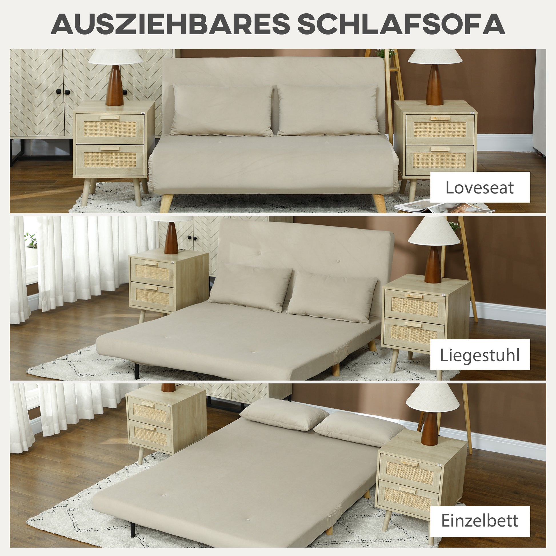 3-in-1 Sleeper Sofa 130 x 78 cm Sofa with Bed Function, Folding Couch with Lumbar Pillow, Velvet Look, Adjustable Backrest for Living Room, Bedroom, Beige