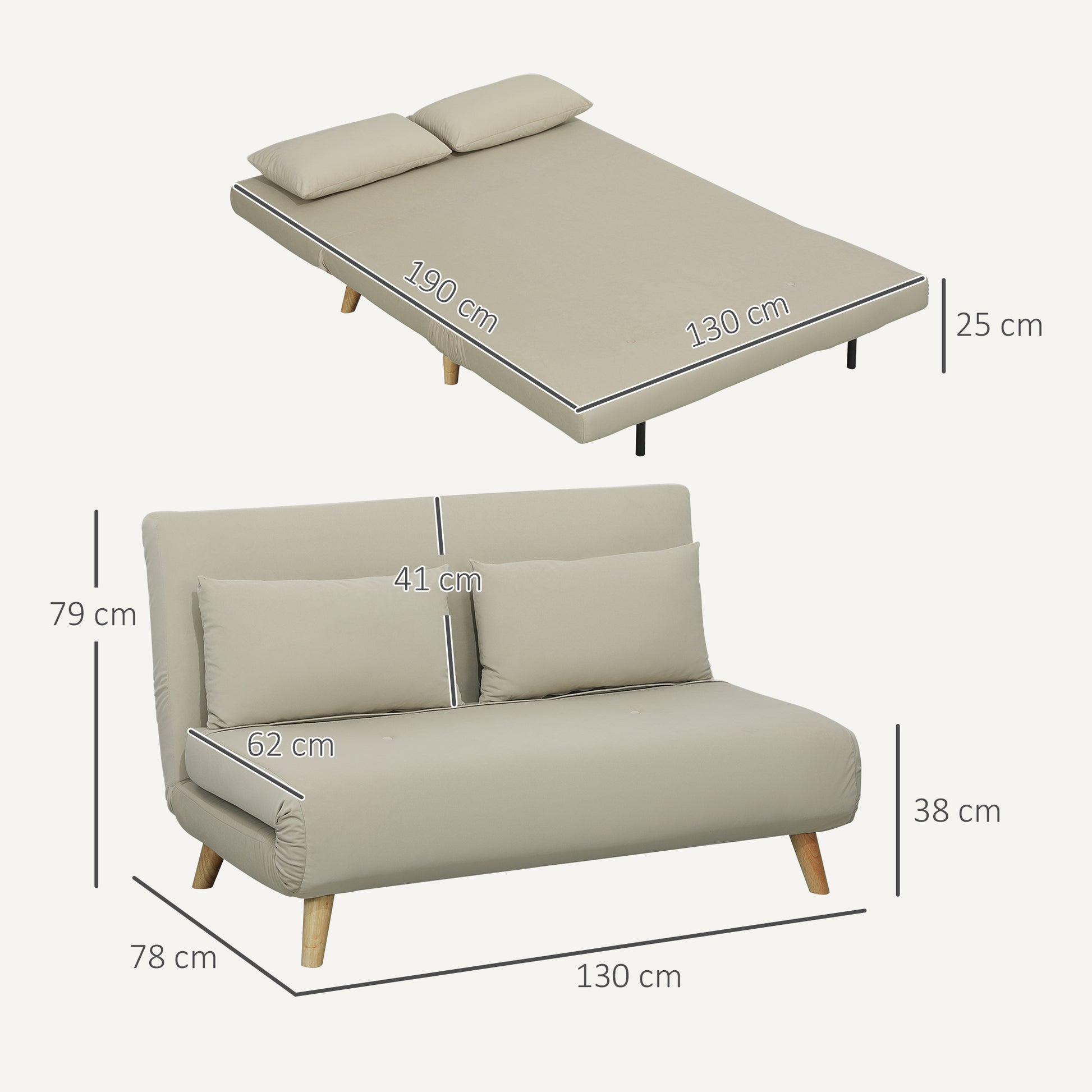 3-in-1 Sleeper Sofa 130 x 78 cm Sofa with Bed Function, Folding Couch with Lumbar Pillow, Velvet Look, Adjustable Backrest for Living Room, Bedroom, Beige