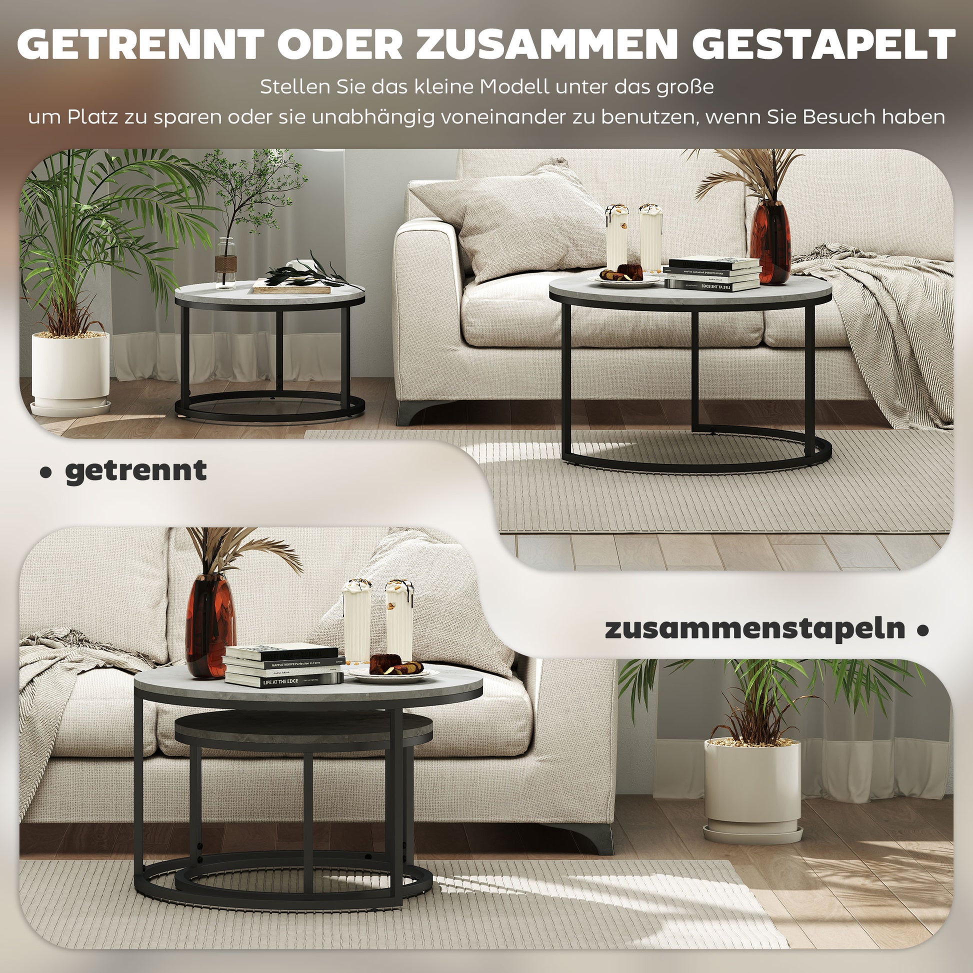 Round Coffee Table 2-Piece Set Stackable Side Table with Metal Frame, Living Room Table with Marble Effect Coffee Table for Living Room Bedroom 78.5 x 78.5 x 46.5 cm Light Grey