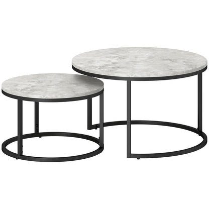 Round Coffee Table 2-Piece Set Stackable Side Table with Metal Frame, Living Room Table with Marble Effect Coffee Table for Living Room Bedroom 78.5 x 78.5 x 46.5 cm Light Grey