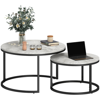 Round Coffee Table 2-Piece Set Stackable Side Table with Metal Frame, Living Room Table with Marble Effect Coffee Table for Living Room Bedroom 78.5 x 78.5 x 46.5 cm Light Grey