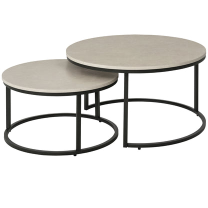 Round Coffee Table 2-Piece Set Stackable Side Table with Metal Frame, Living Room Table with Marble Effect Coffee Table for Living Room Bedroom 78.5 x 78.5 x 46.5 cm Light Grey
