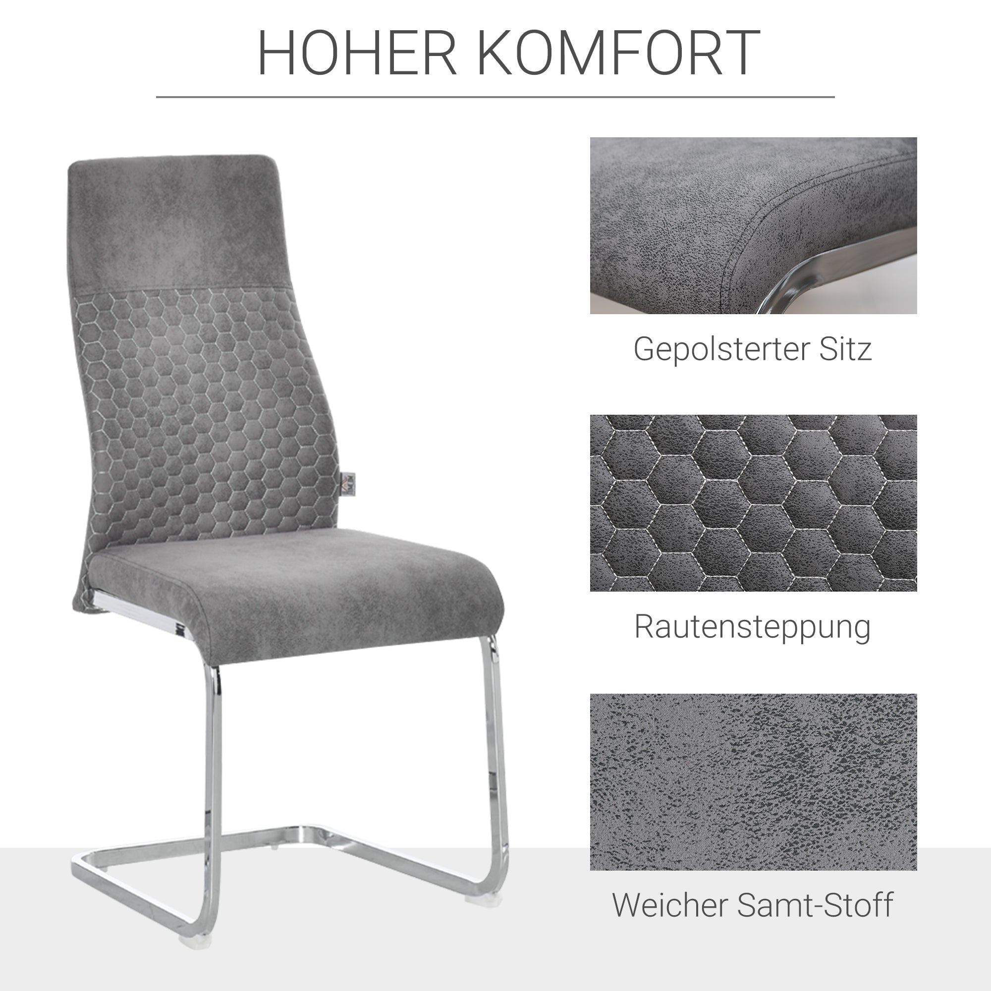Set of 4 Dining Chairs Kitchen Chair with Backrest Cantilever Swing Chair Seat for Kitchen Living Room Steel Grey 45 x 61 x 98 cm