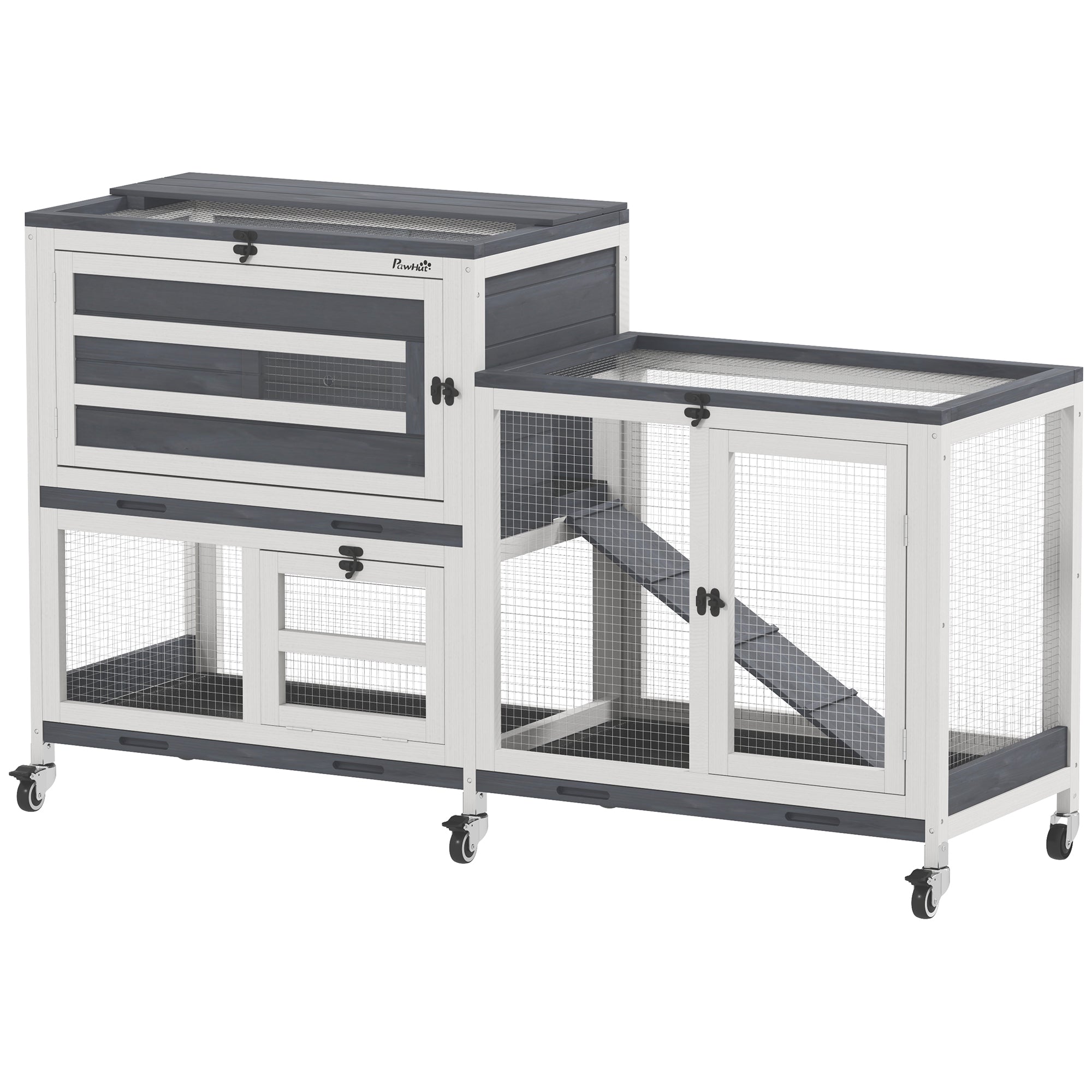 Indoor Rabbit Hutch 2-Tier Rabbit Cage with Wheels, 2 Opening Trays, 3 Plastic Trays, Wooden Hutch for 2-3 Rabbits, Guinea Pigs, 147 x 45 x 89.5 cm, Gray