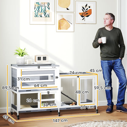 Indoor Rabbit Hutch 2-Tier Rabbit Cage with Wheels, 2 Opening Trays, 3 Plastic Trays, Wooden Hutch for 2-3 Rabbits, Guinea Pigs, 147 x 45 x 89.5 cm, Gray