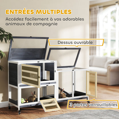 Indoor Rabbit Hutch 2-Tier Rabbit Cage with Wheels, 2 Opening Trays, 3 Plastic Trays, Wooden Hutch for 2-3 Rabbits, Guinea Pigs, 147 x 45 x 89.5 cm, Gray