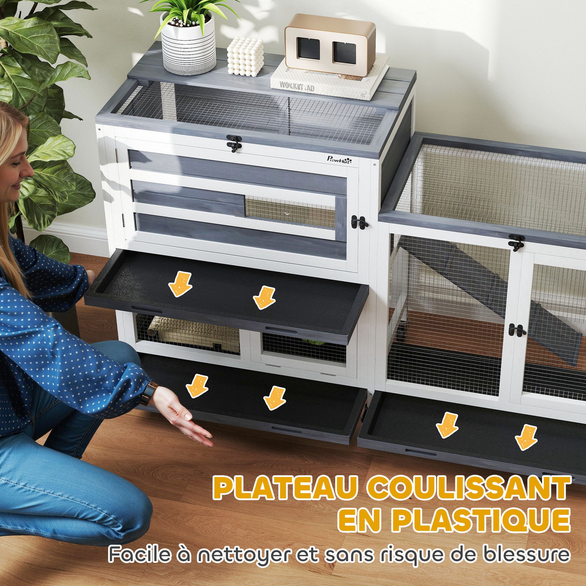 Indoor Rabbit Hutch 2-Tier Rabbit Cage with Wheels, 2 Opening Trays, 3 Plastic Trays, Wooden Hutch for 2-3 Rabbits, Guinea Pigs, 147 x 45 x 89.5 cm, Gray