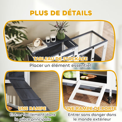 Indoor Rabbit Hutch 2-Tier Rabbit Cage with Wheels, 2 Opening Trays, 3 Plastic Trays, Wooden Hutch for 2-3 Rabbits, Guinea Pigs, 147 x 45 x 89.5 cm, Gray