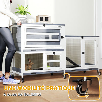 Indoor Rabbit Hutch 2-Tier Rabbit Cage with Wheels, 2 Opening Trays, 3 Plastic Trays, Wooden Hutch for 2-3 Rabbits, Guinea Pigs, 147 x 45 x 89.5 cm, Gray