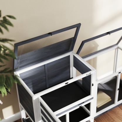 Indoor Rabbit Hutch 2-Tier Rabbit Cage with Wheels, 2 Opening Trays, 3 Plastic Trays, Wooden Hutch for 2-3 Rabbits, Guinea Pigs, 147 x 45 x 89.5 cm, Gray