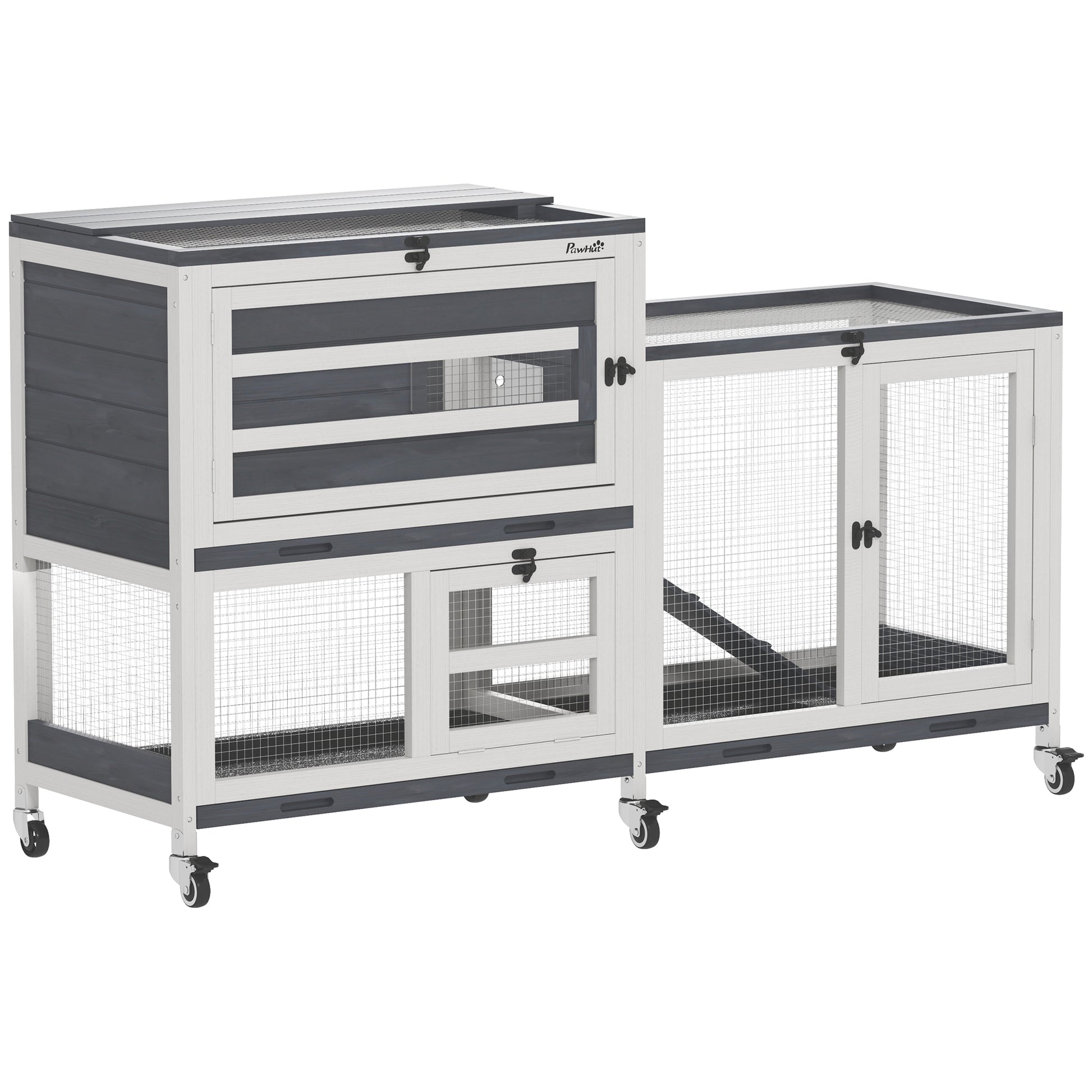 Indoor Rabbit Hutch 2-Tier Rabbit Cage with Wheels, 2 Opening Trays, 3 Plastic Trays, Wooden Hutch for 2-3 Rabbits, Guinea Pigs, 147 x 45 x 89.5 cm, Gray