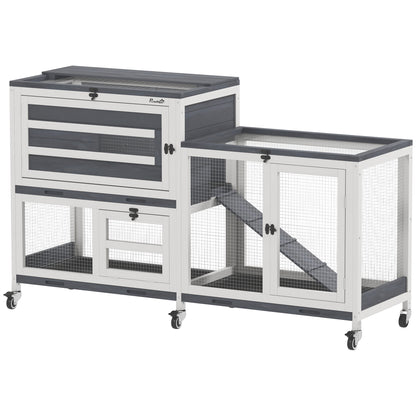 Indoor Rabbit Hutch 2-Tier Rabbit Cage with Wheels, 2 Opening Trays, 3 Plastic Trays, Wooden Hutch for 2-3 Rabbits, Guinea Pigs, 147 x 45 x 89.5 cm, Gray