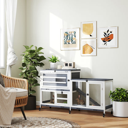 Indoor Rabbit Hutch 2-Tier Rabbit Cage with Wheels, 2 Opening Trays, 3 Plastic Trays, Wooden Hutch for 2-3 Rabbits, Guinea Pigs, 147 x 45 x 89.5 cm, Gray