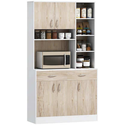 Kitchen Buffet Sideboard with Doors Drawers and Open Compartments, 100L x 39W x 181.5H cm White and Wood