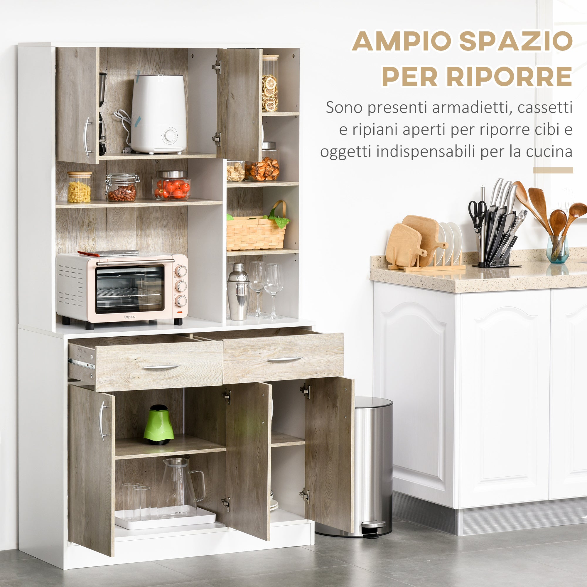 Kitchen Buffet Sideboard with Doors Drawers and Open Compartments, 100L x 39W x 181.5H cm White and Wood