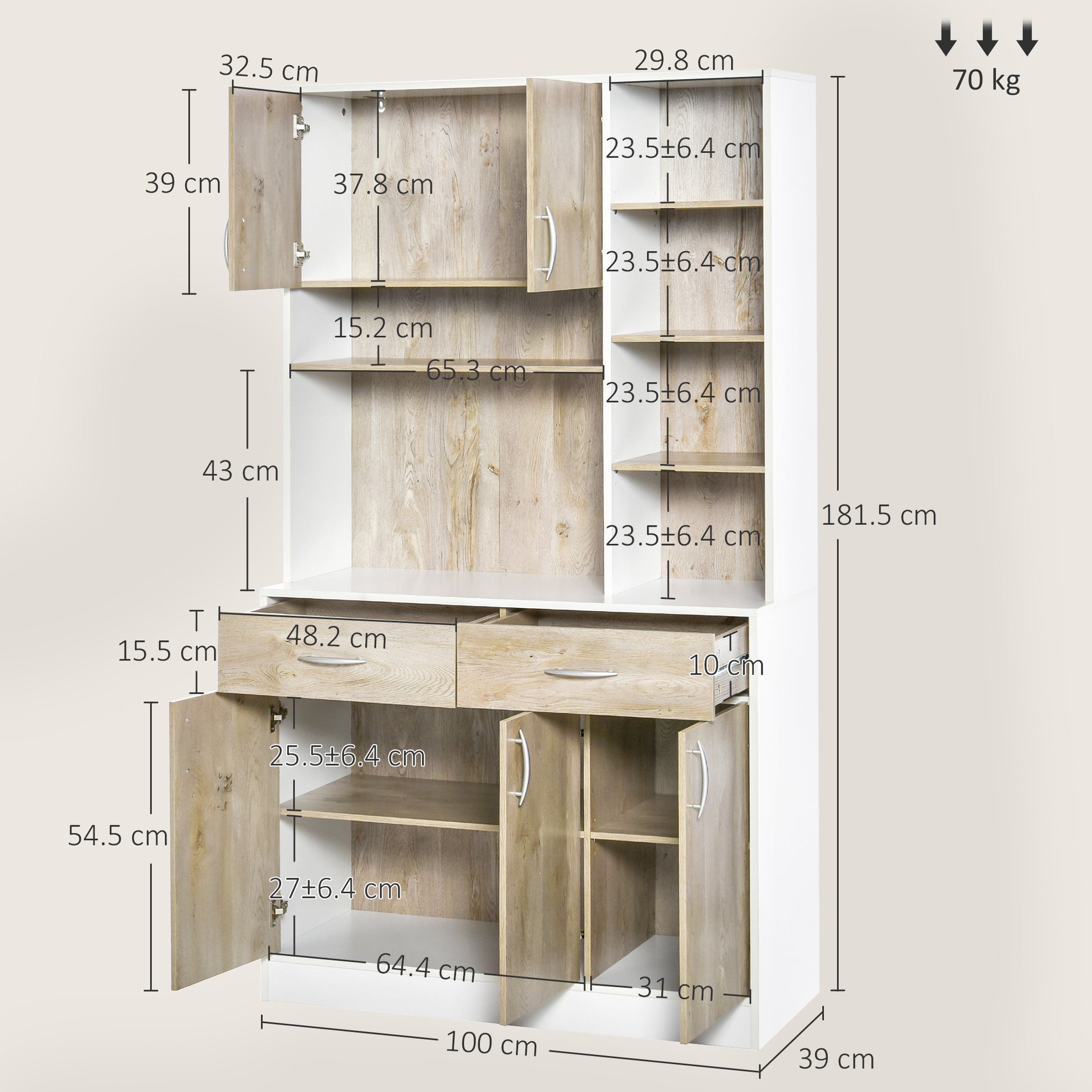 Kitchen Buffet Sideboard with Doors Drawers and Open Compartments, 100L x 39W x 181.5H cm White and Wood