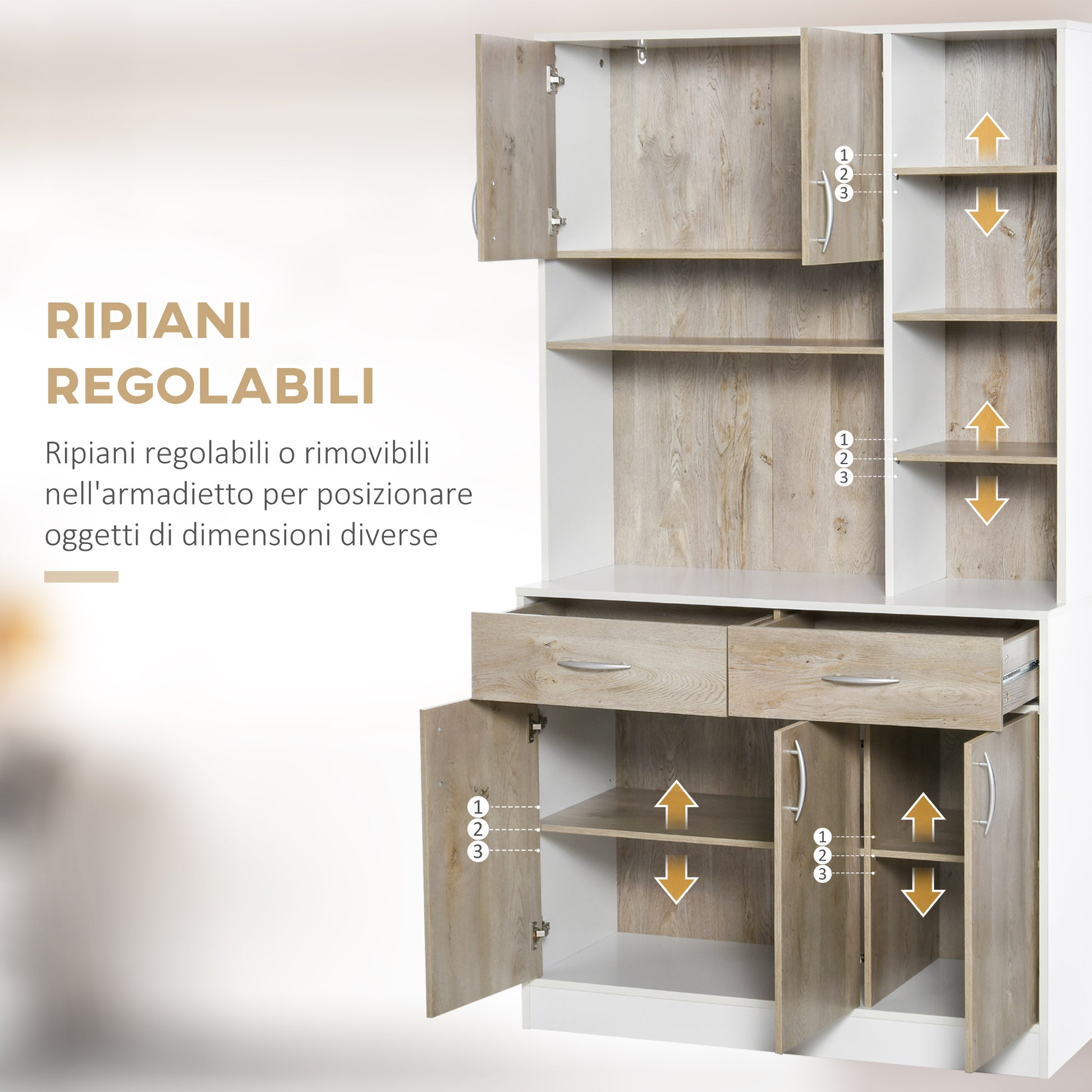 Kitchen Buffet Sideboard with Doors Drawers and Open Compartments, 100L x 39W x 181.5H cm White and Wood