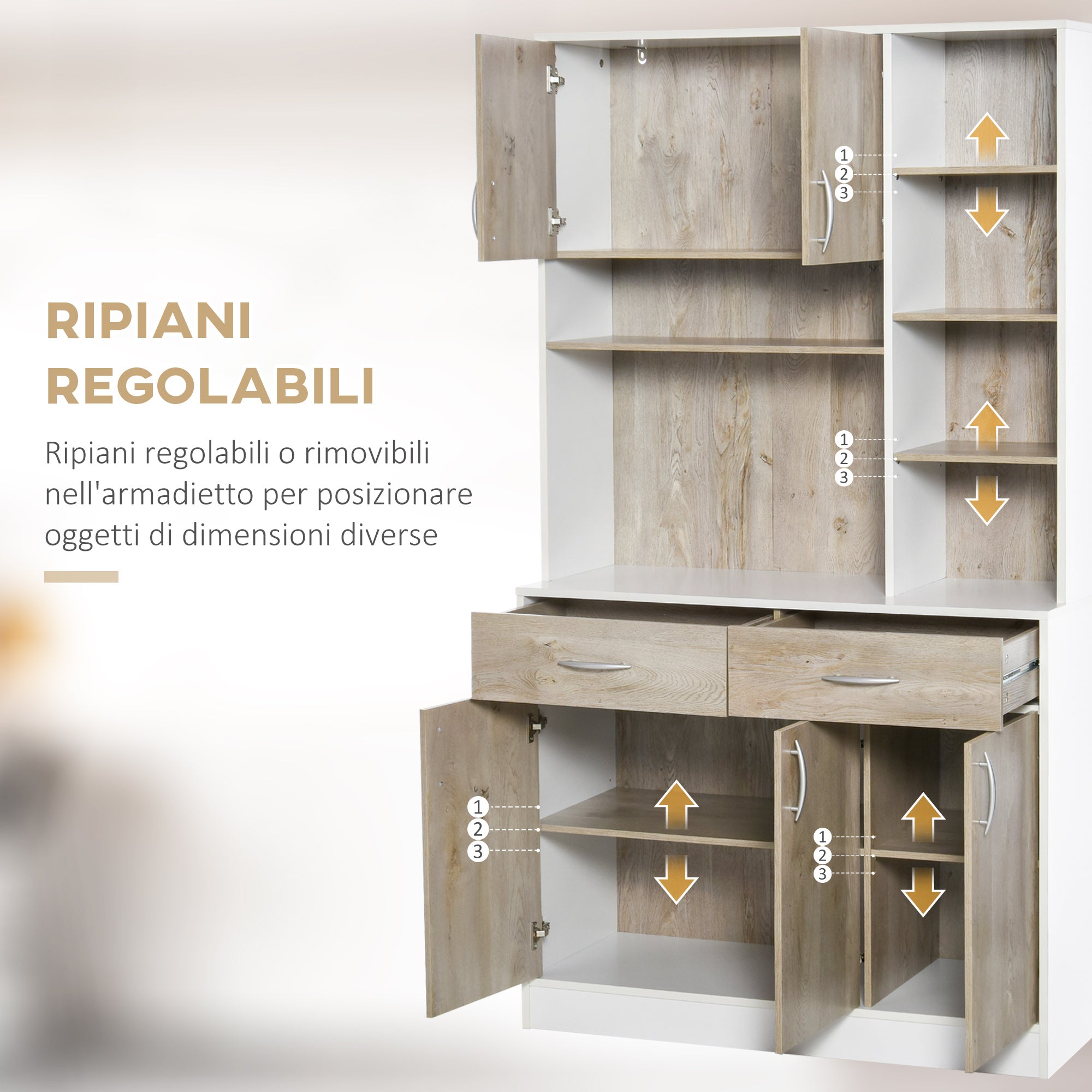 Kitchen Buffet Sideboard with Doors Drawers and Open Compartments, 100L x 39W x 181.5H cm White and Wood