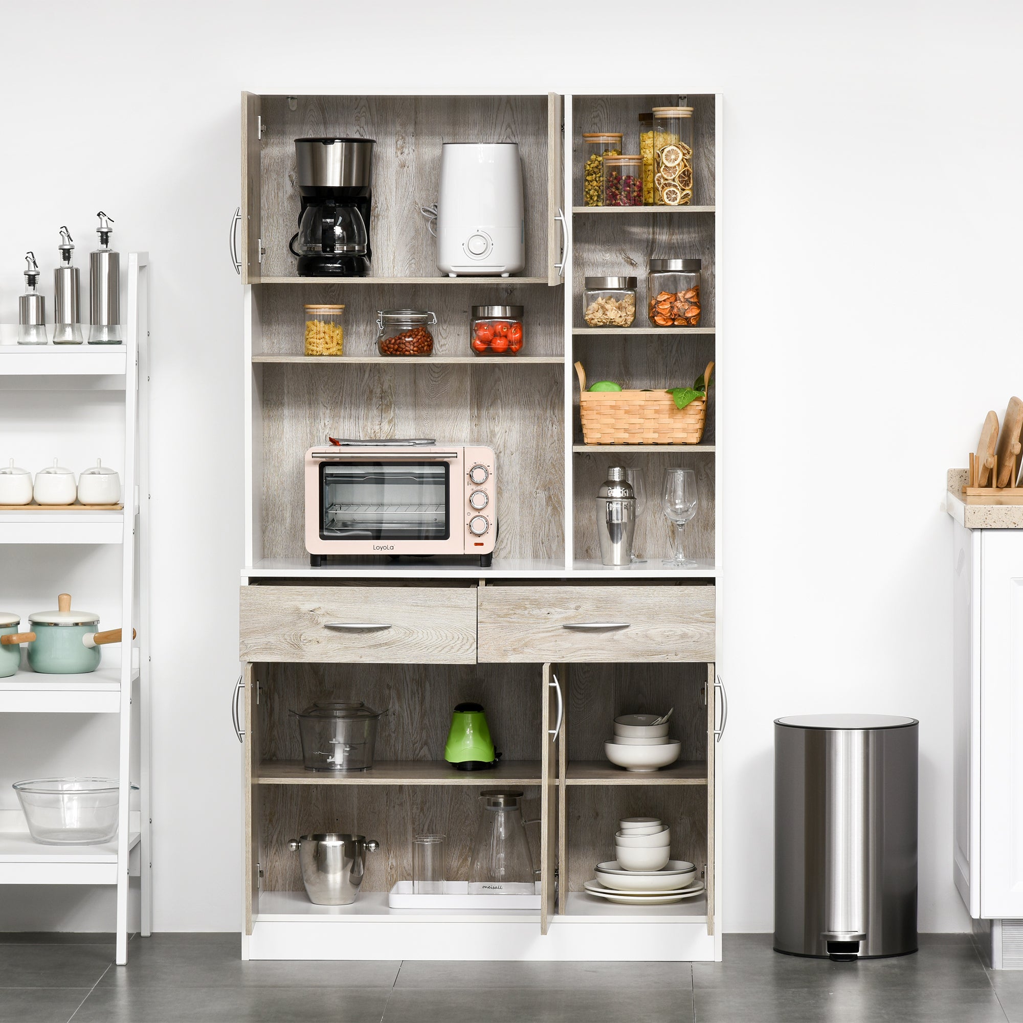 Kitchen Buffet Sideboard with Doors Drawers and Open Compartments, 100L x 39W x 181.5H cm White and Wood