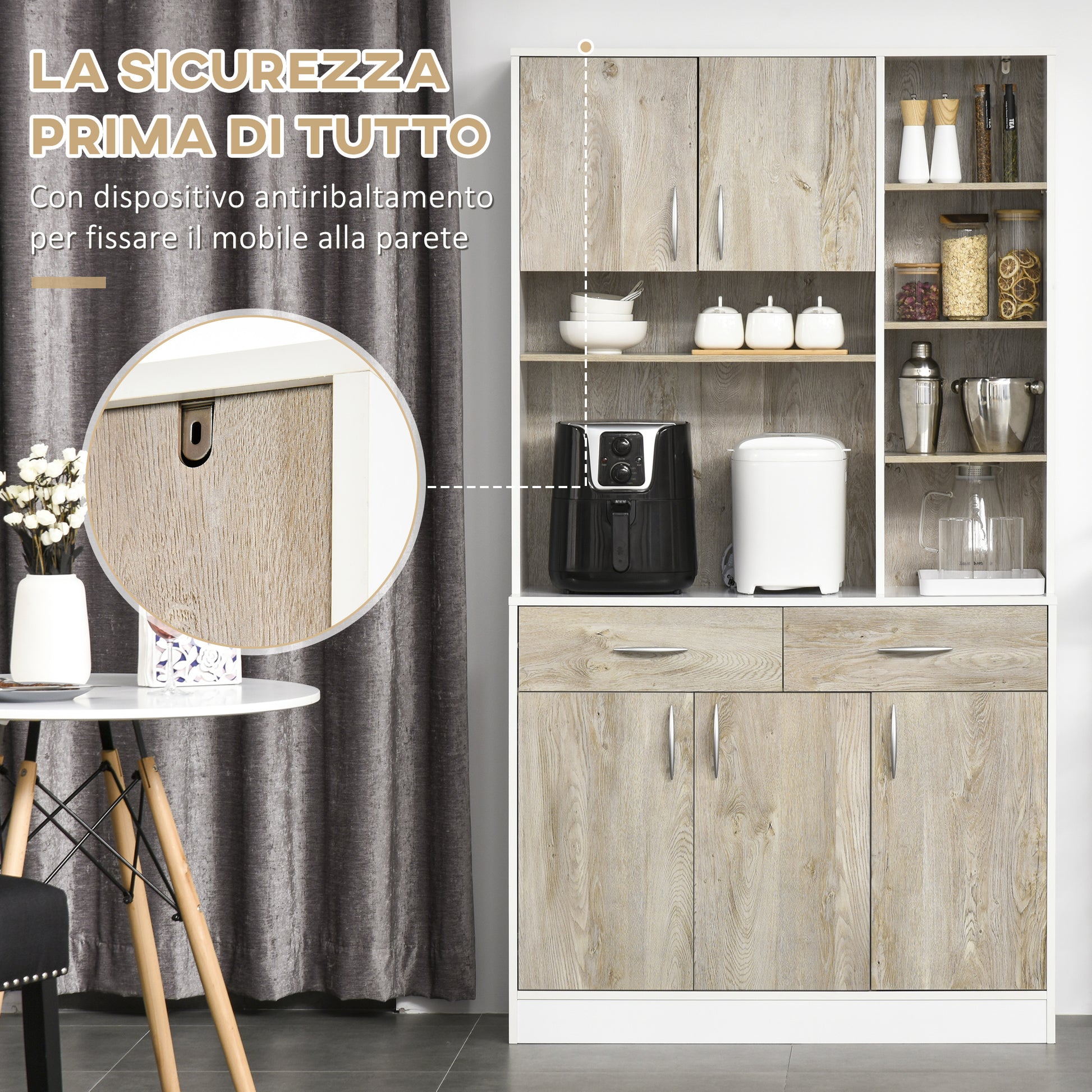 Kitchen Buffet Sideboard with Doors Drawers and Open Compartments, 100L x 39W x 181.5H cm White and Wood