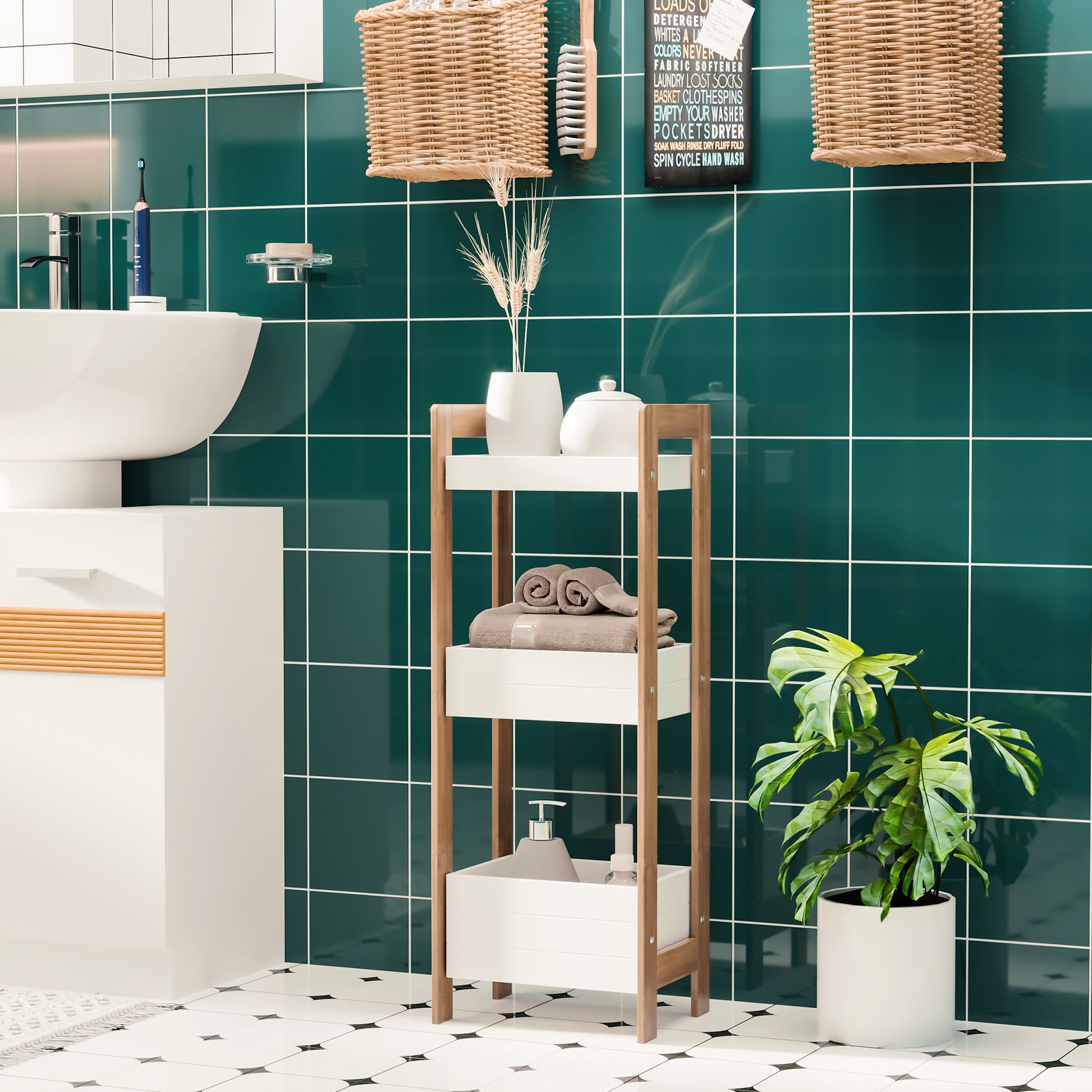 Bathroom Shelf with 3 Shelves Bamboo Storage Organizer for Kitchen Living Room Laundry Room 27.5x20.8x74 cm White and Natural