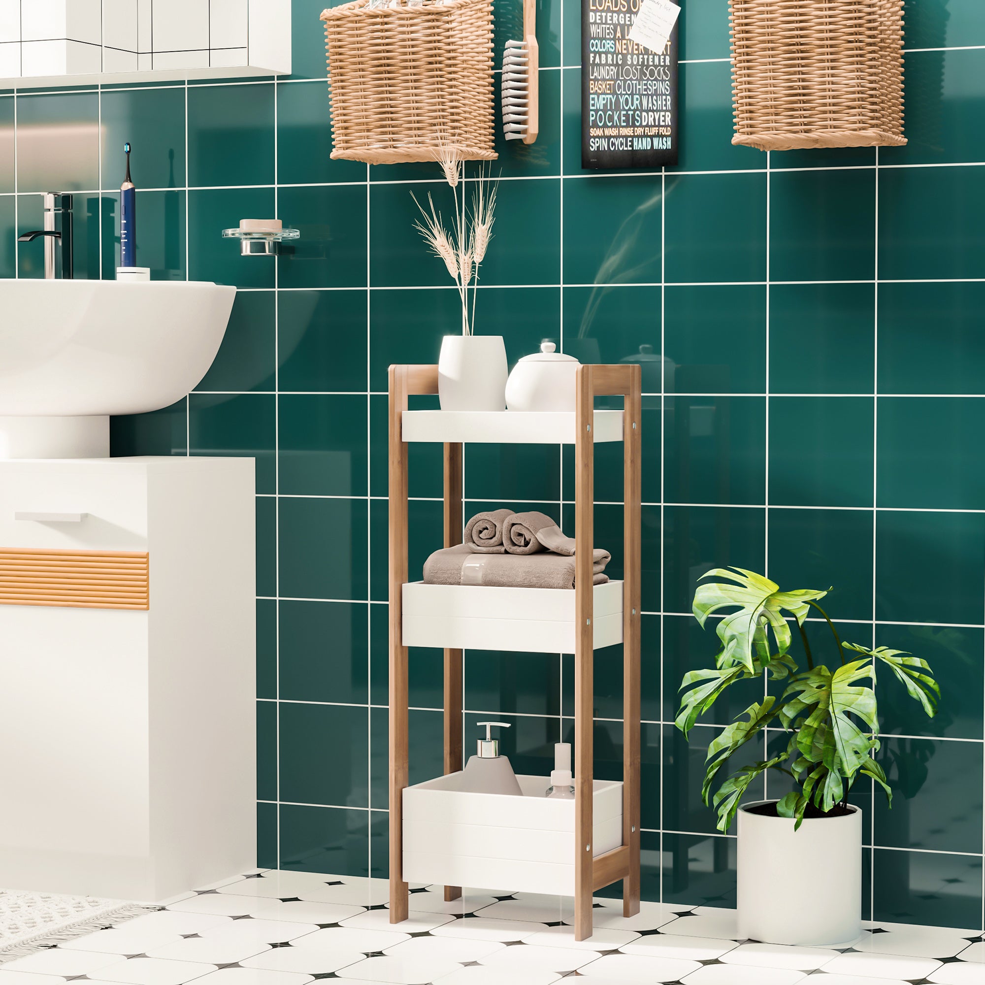 Bathroom Shelf with 3 Shelves Bamboo Storage Organizer for Kitchen Living Room Laundry Room 27.5x20.8x74 cm White and Natural