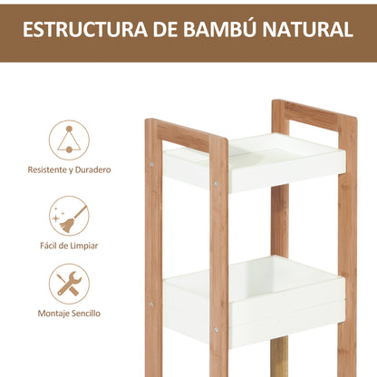 Bathroom Shelf with 3 Shelves Bamboo Storage Organizer for Kitchen Living Room Laundry Room 27.5x20.8x74 cm White and Natural