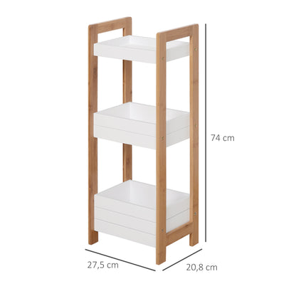 Bathroom Shelf with 3 Shelves Bamboo Storage Organizer for Kitchen Living Room Laundry Room 27.5x20.8x74 cm White and Natural