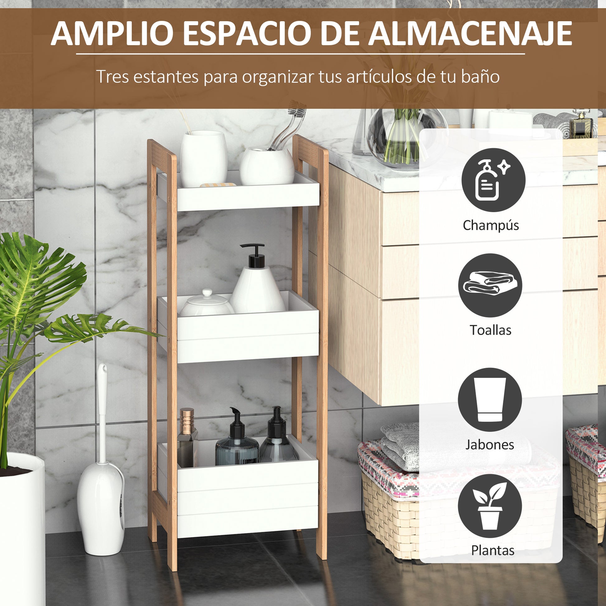 Bathroom Shelf with 3 Shelves Bamboo Storage Organizer for Kitchen Living Room Laundry Room 27.5x20.8x74 cm White and Natural