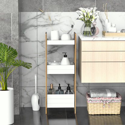 Bathroom Shelf with 3 Shelves Bamboo Storage Organizer for Kitchen Living Room Laundry Room 27.5x20.8x74 cm White and Natural