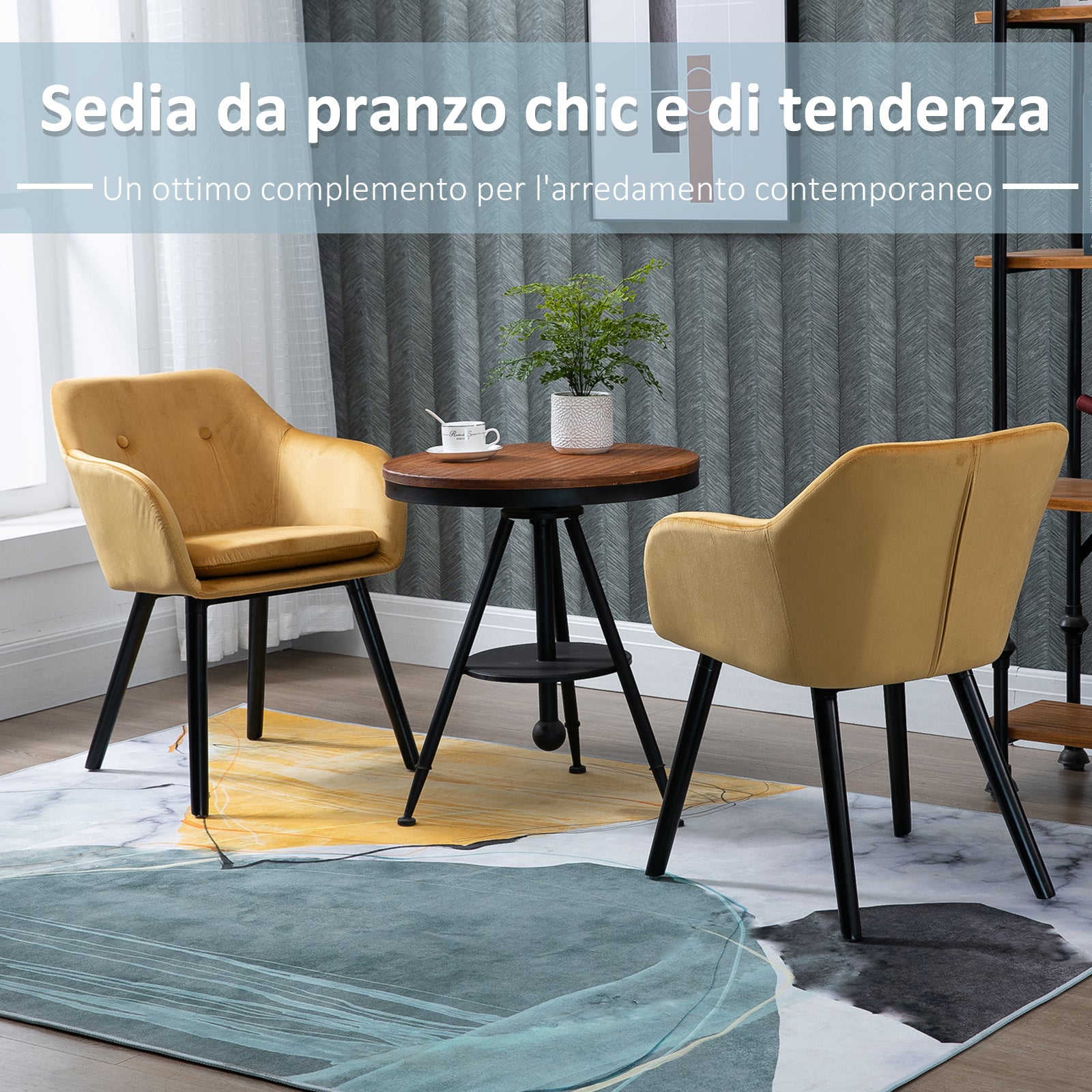 Set of 2 Dining Room Chairs with Armrests, Upholstered Kitchen Chairs in Velvet with Wooden Legs, Office and Living Room Chairs, 54x56x74cm, Yellow