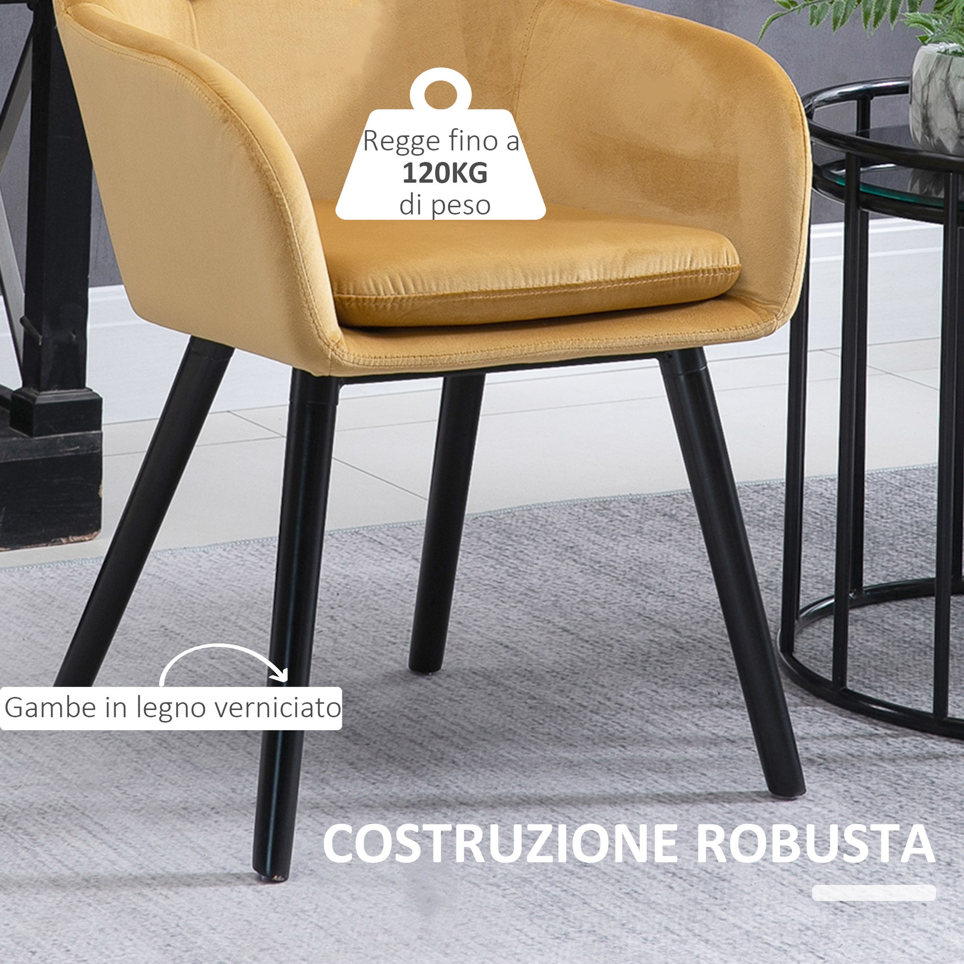 Set of 2 Dining Room Chairs with Armrests, Upholstered Kitchen Chairs in Velvet with Wooden Legs, Office and Living Room Chairs, 54x56x74cm, Yellow