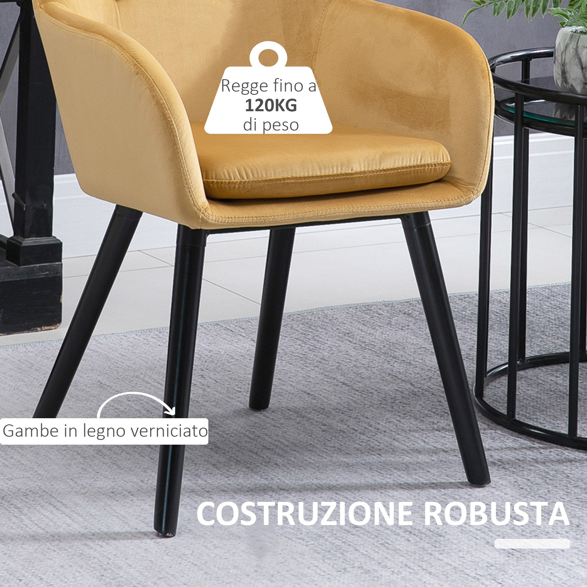 Set of 2 Dining Room Chairs with Armrests, Upholstered Kitchen Chairs in Velvet with Wooden Legs, Office and Living Room Chairs, 54x56x74cm, Yellow