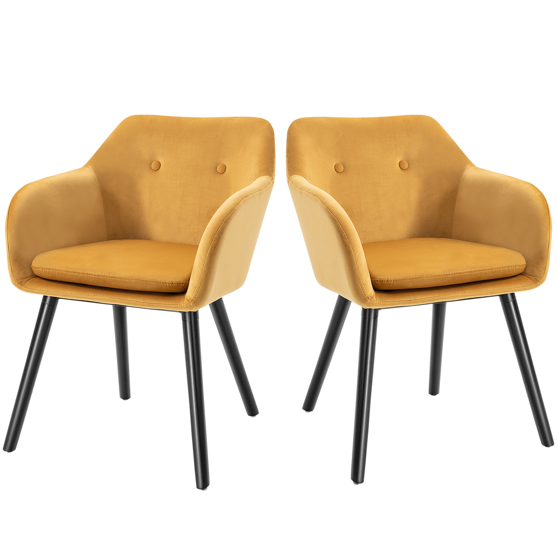 Set of 2 Dining Room Chairs with Armrests, Upholstered Kitchen Chairs in Velvet with Wooden Legs, Office and Living Room Chairs, 54x56x74cm, Yellow