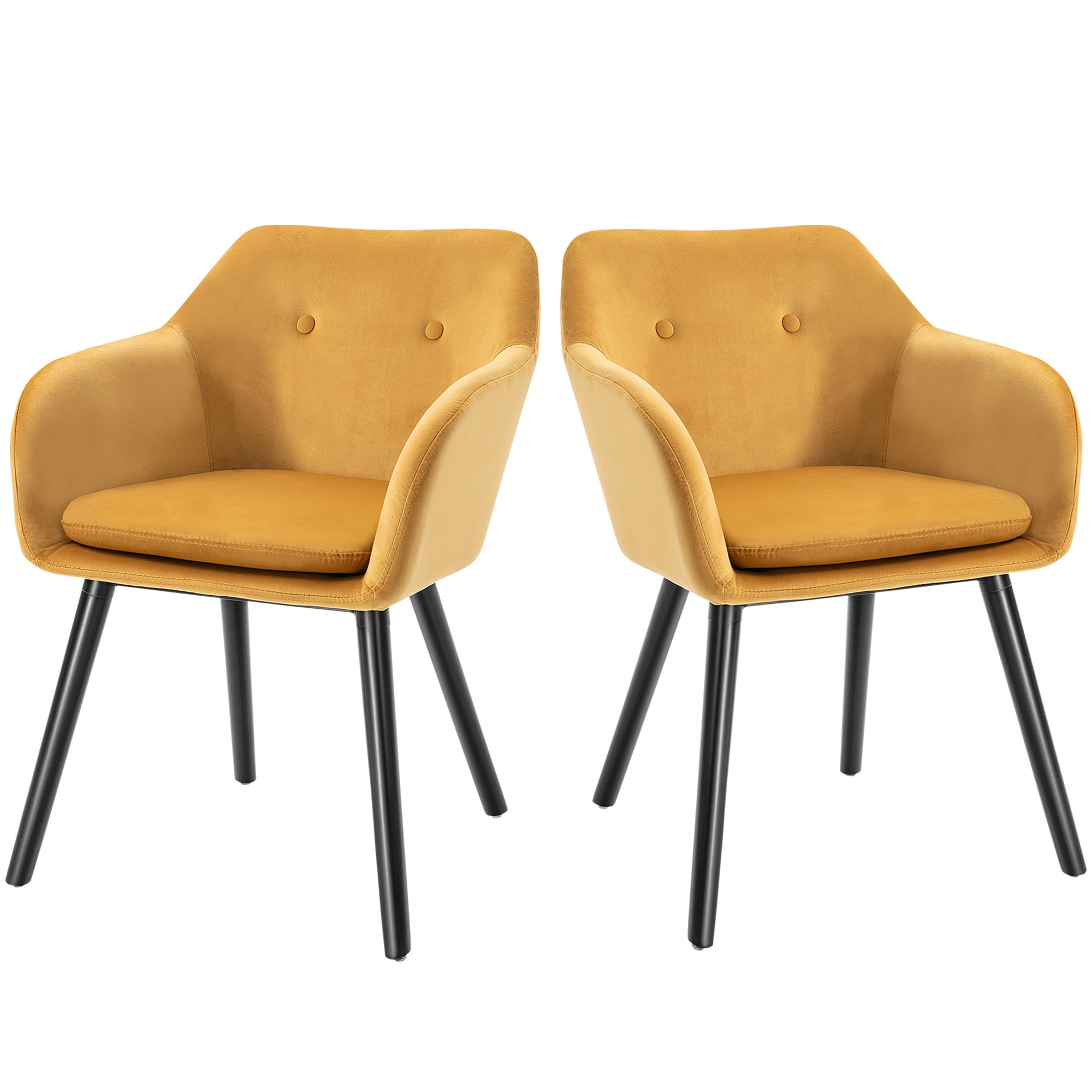 Set of 2 Dining Room Chairs with Armrests, Upholstered Kitchen Chairs in Velvet with Wooden Legs, Office and Living Room Chairs, 54x56x74cm, Yellow
