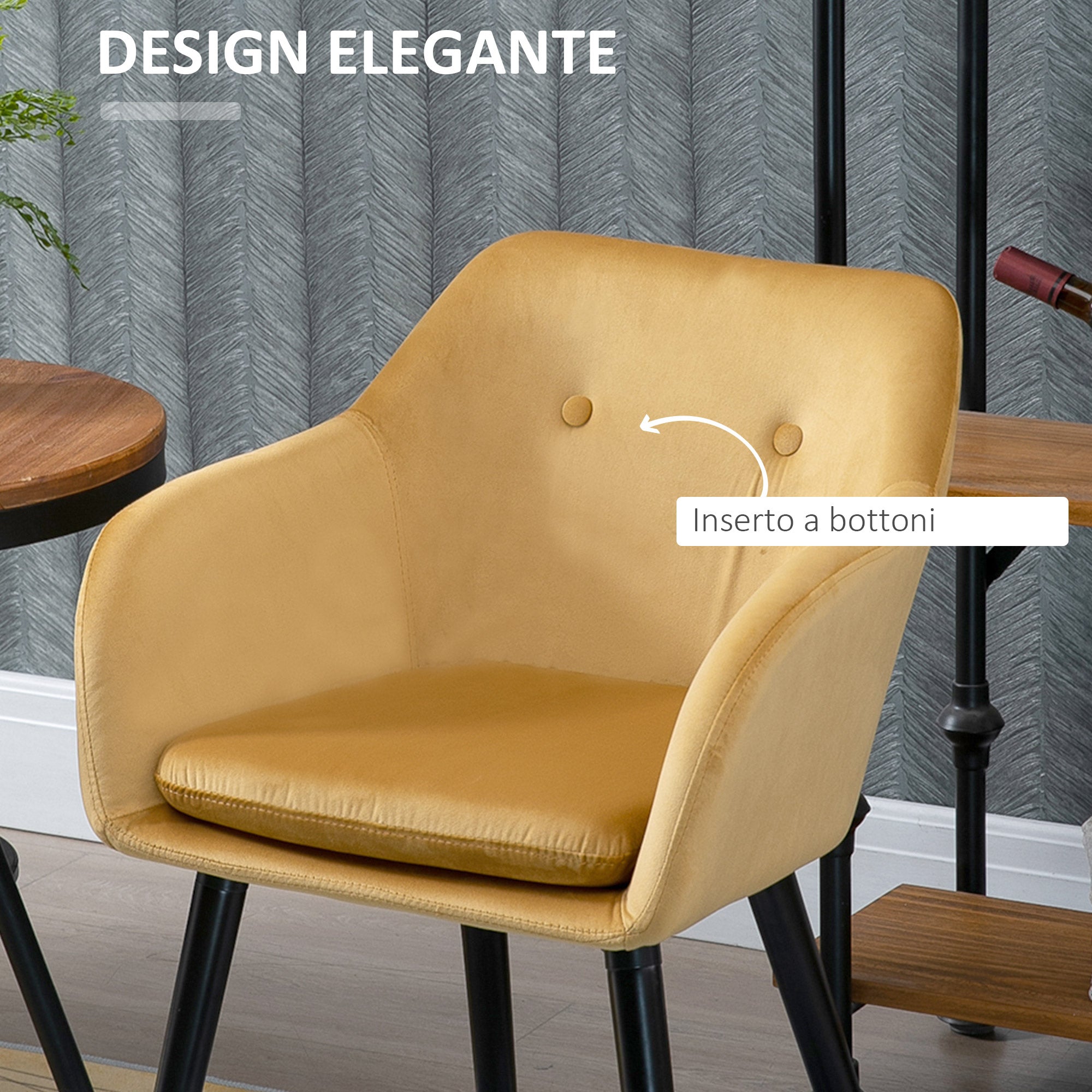 Set of 2 Dining Room Chairs with Armrests, Upholstered Kitchen Chairs in Velvet with Wooden Legs, Office and Living Room Chairs, 54x56x74cm, Yellow