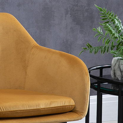 Set of 2 Dining Room Chairs with Armrests, Upholstered Kitchen Chairs in Velvet with Wooden Legs, Office and Living Room Chairs, 54x56x74cm, Yellow