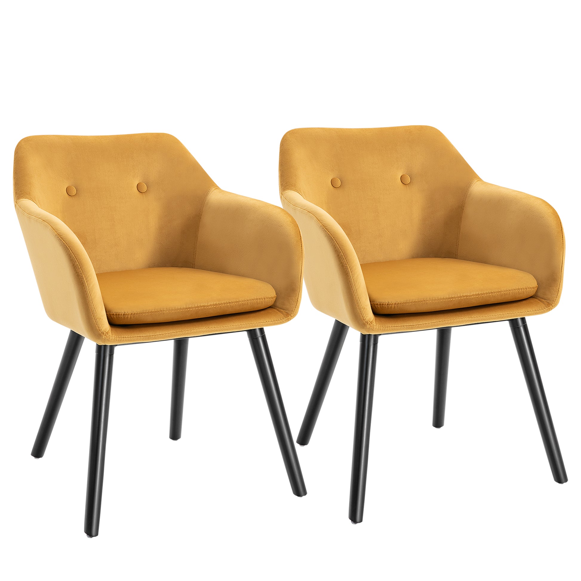 Set of 2 Dining Room Chairs with Armrests, Upholstered Kitchen Chairs in Velvet with Wooden Legs, Office and Living Room Chairs, 54x56x74cm, Yellow