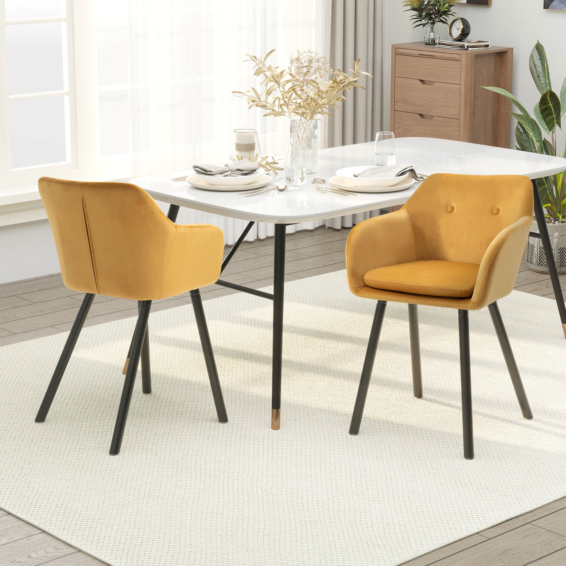 Set of 2 Dining Room Chairs with Armrests, Upholstered Kitchen Chairs in Velvet with Wooden Legs, Office and Living Room Chairs, 54x56x74cm, Yellow