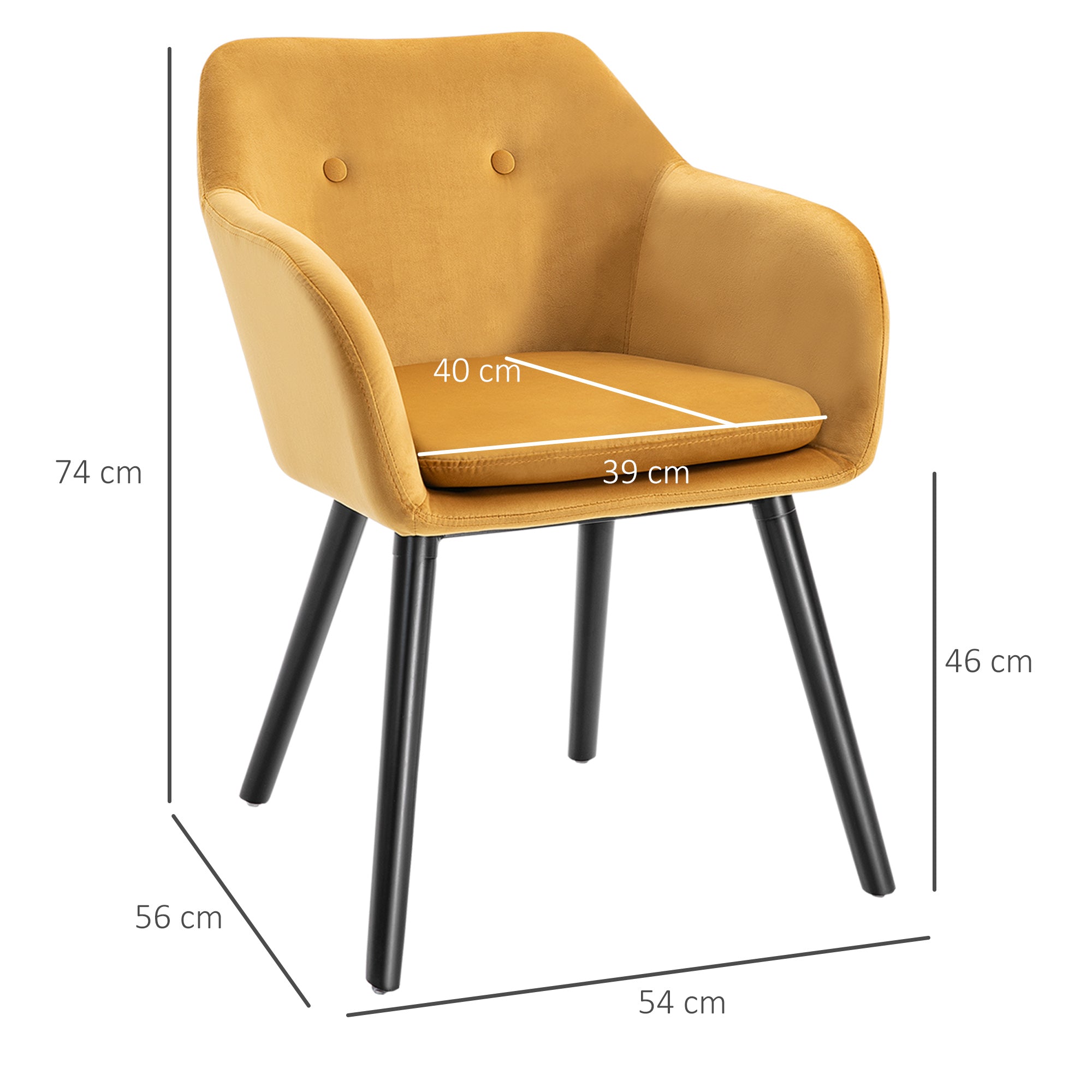 Set of 2 Dining Room Chairs with Armrests, Upholstered Kitchen Chairs in Velvet with Wooden Legs, Office and Living Room Chairs, 54x56x74cm, Yellow