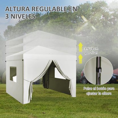 Pop-Up Foldable 3x3m Garden Gazebo with 4 Side Walls 2 Mesh Windows Adjustable Height Waterproof Anti-UV Carry Bag for Camping Parties White