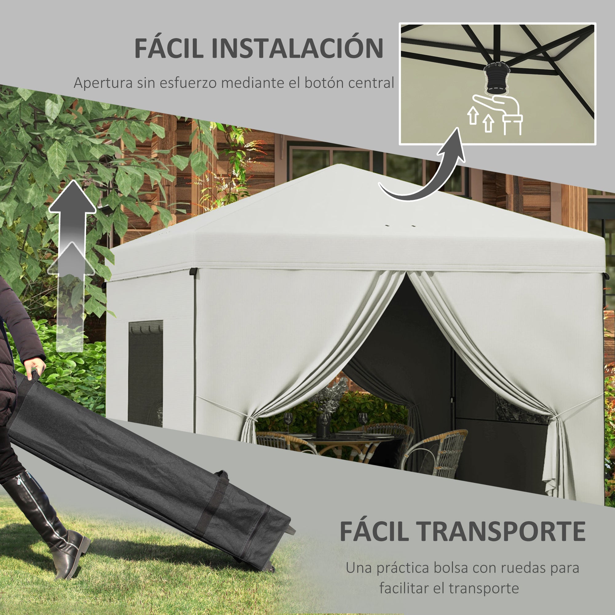 Pop-Up Foldable 3x3m Garden Gazebo with 4 Side Walls 2 Mesh Windows Adjustable Height Waterproof Anti-UV Carry Bag for Camping Parties White