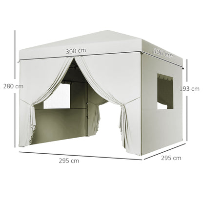 Pop-Up Foldable 3x3m Garden Gazebo with 4 Side Walls 2 Mesh Windows Adjustable Height Waterproof Anti-UV Carry Bag for Camping Parties White