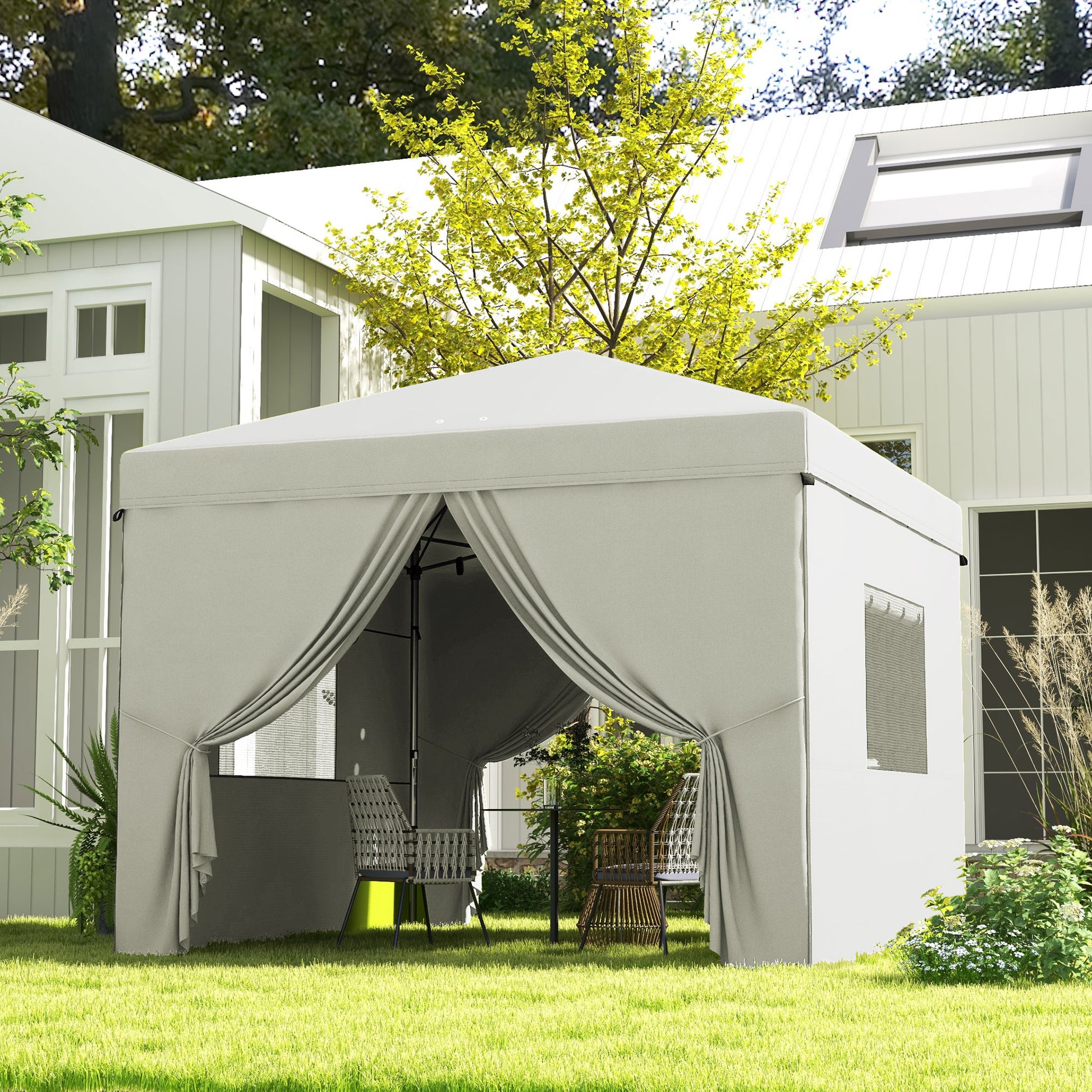 Pop-Up Foldable 3x3m Garden Gazebo with 4 Side Walls 2 Mesh Windows Adjustable Height Waterproof Anti-UV Carry Bag for Camping Parties White