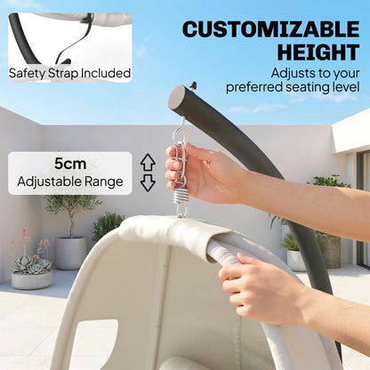 Folding Egg Hanging Chair with Stand — 8 in Padded Cushion, Adjustable Height & Safety Strap, Indoor/Outdoor, Light Gray