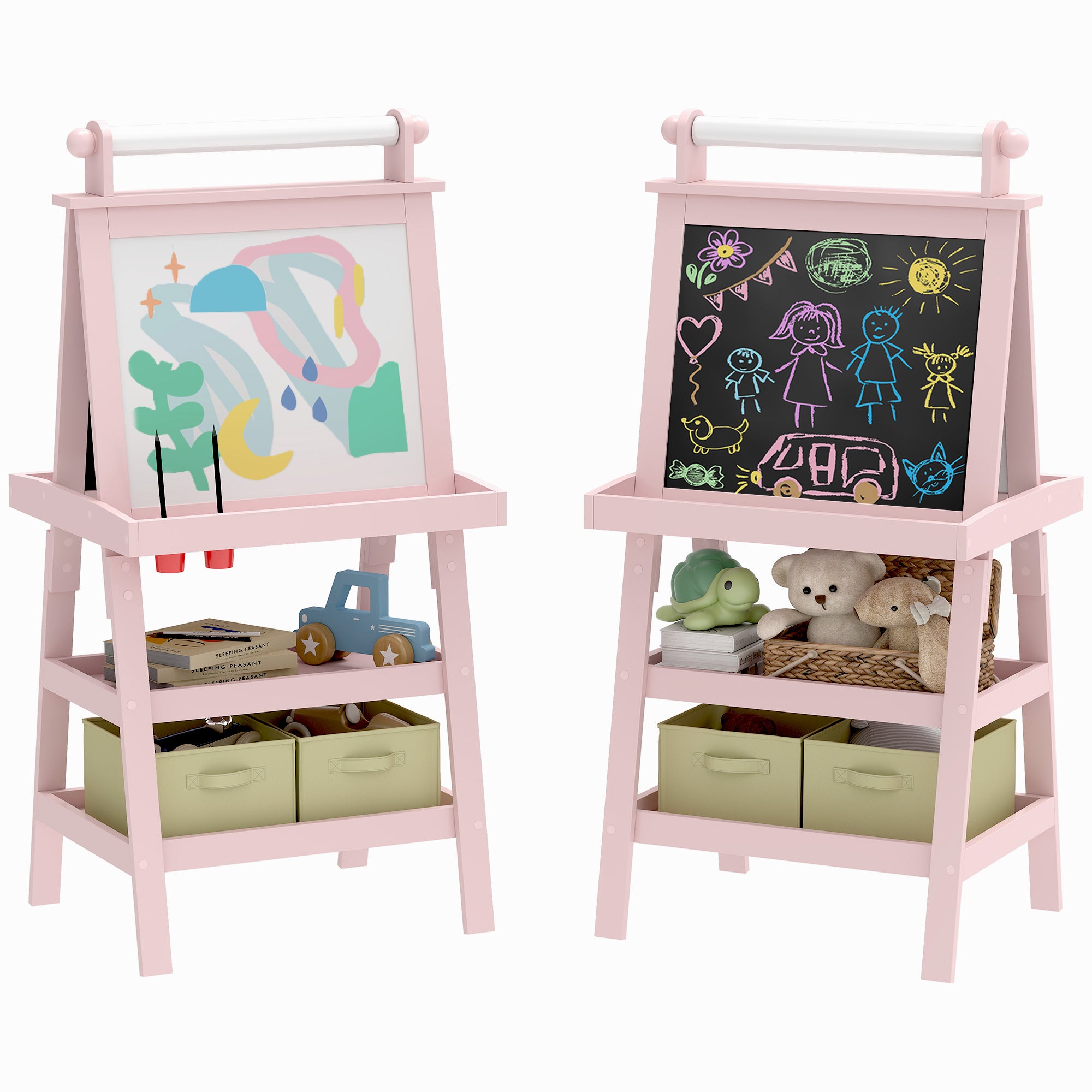 Children's Easel 3 in 1 Double-Sided Magnetic Children's Blackboard Painting Easel with Paper Roll and Storage Baskets 59x48x118 cm Pink