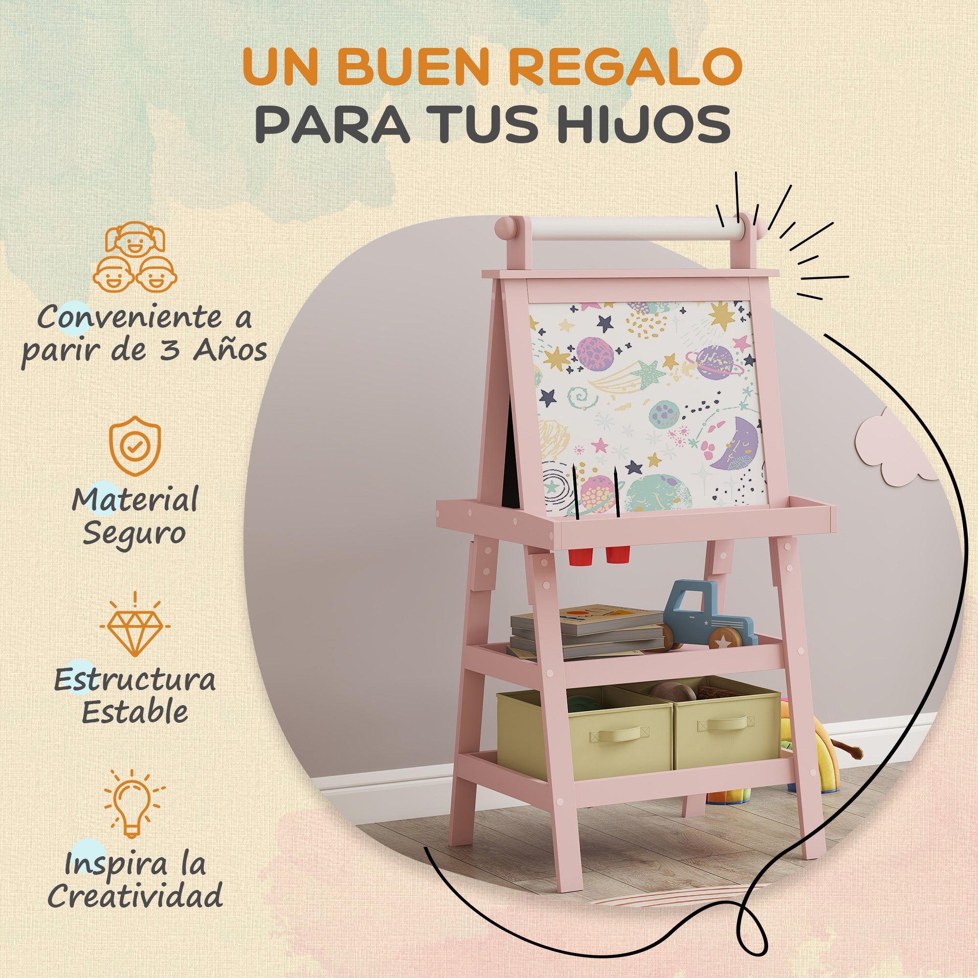 Children's Easel 3 in 1 Double-Sided Magnetic Children's Blackboard Painting Easel with Paper Roll and Storage Baskets 59x48x118 cm Pink