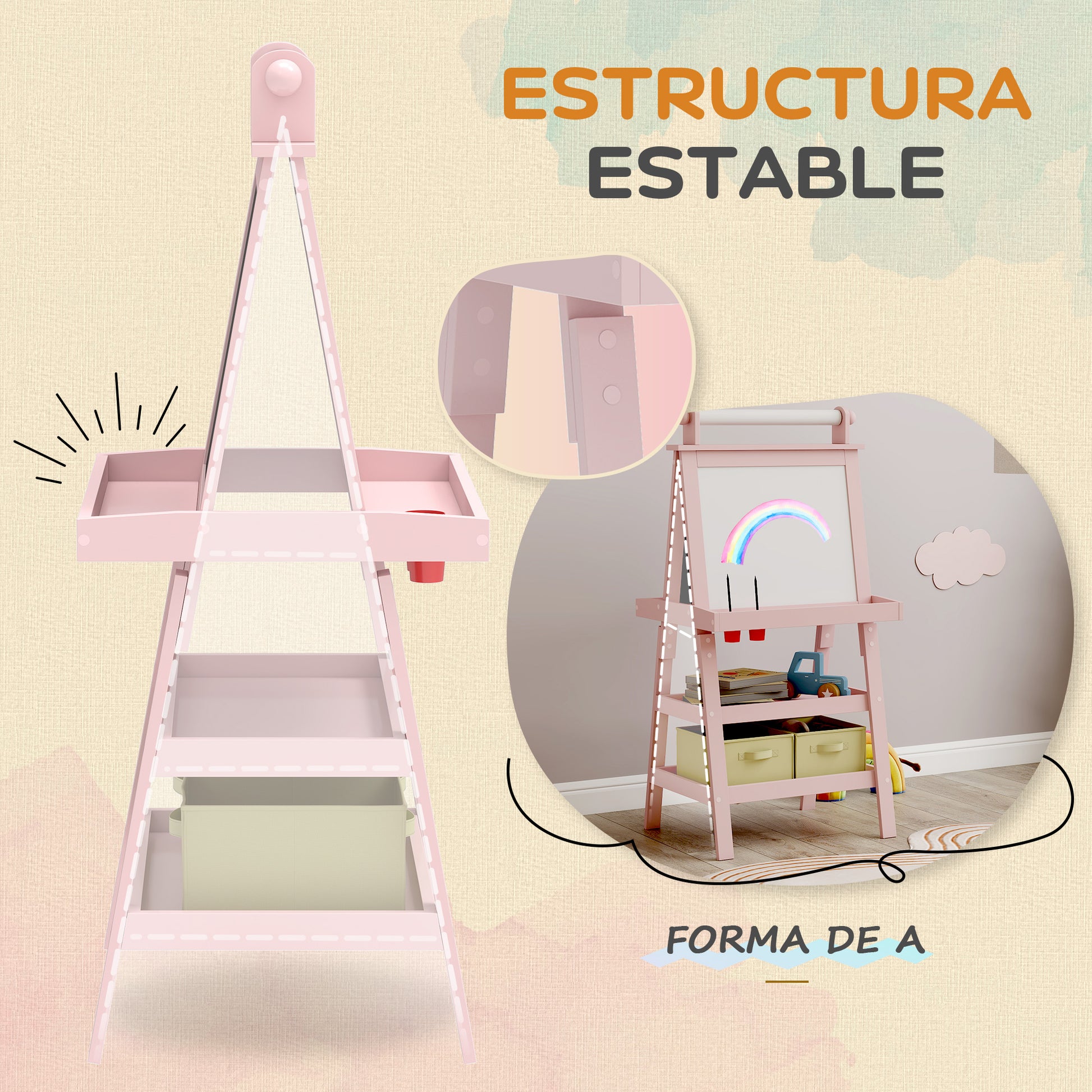 Children's Easel 3 in 1 Double-Sided Magnetic Children's Blackboard Painting Easel with Paper Roll and Storage Baskets 59x48x118 cm Pink