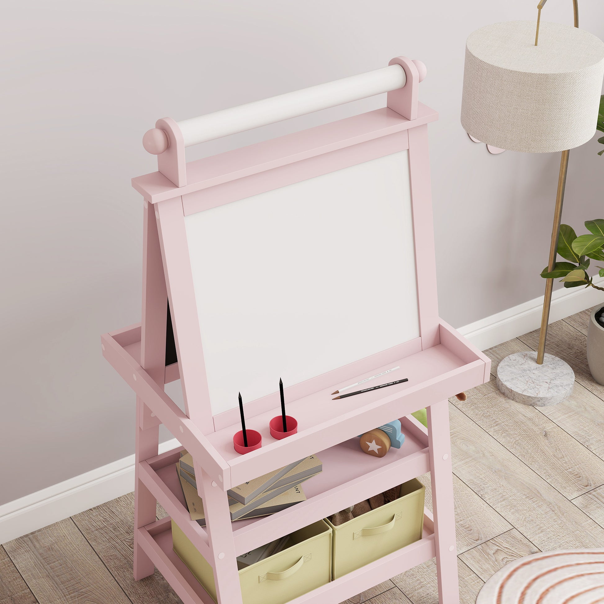 Children's Easel 3 in 1 Double-Sided Magnetic Children's Blackboard Painting Easel with Paper Roll and Storage Baskets 59x48x118 cm Pink