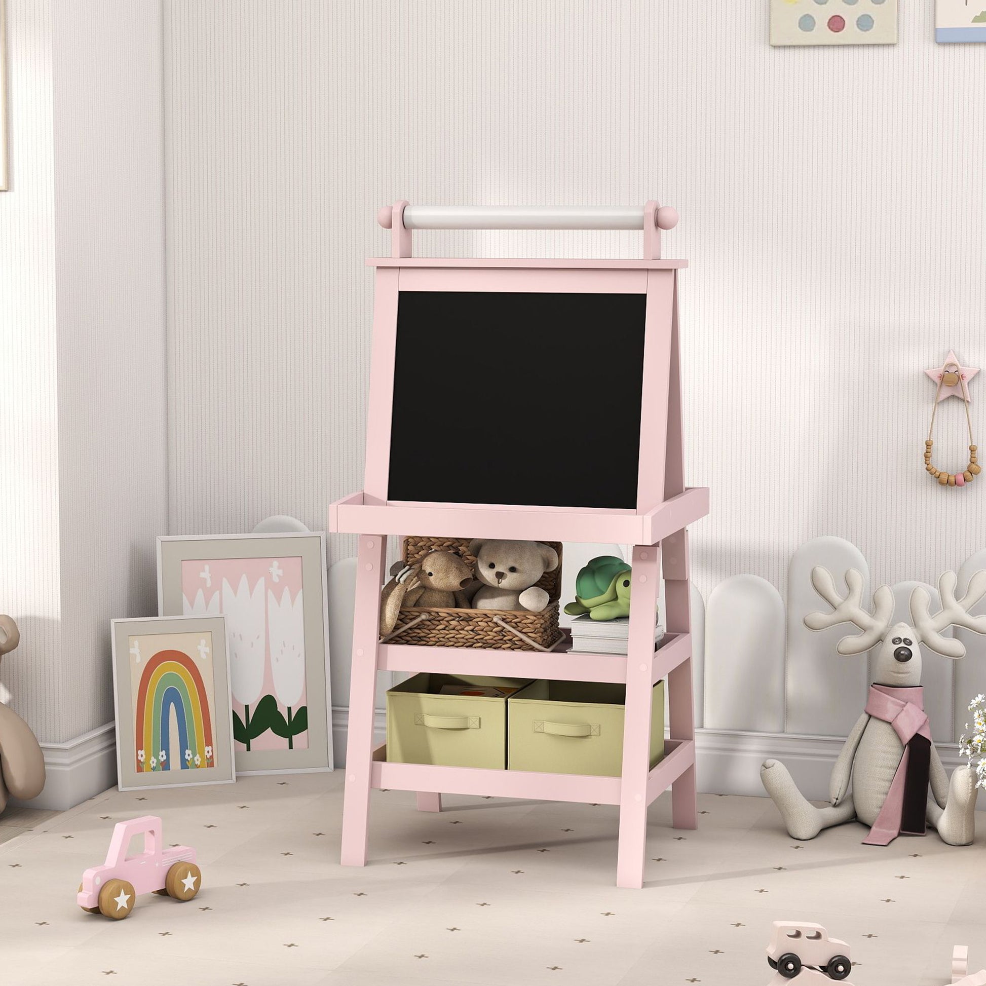Children's Easel 3 in 1 Double-Sided Magnetic Children's Blackboard Painting Easel with Paper Roll and Storage Baskets 59x48x118 cm Pink